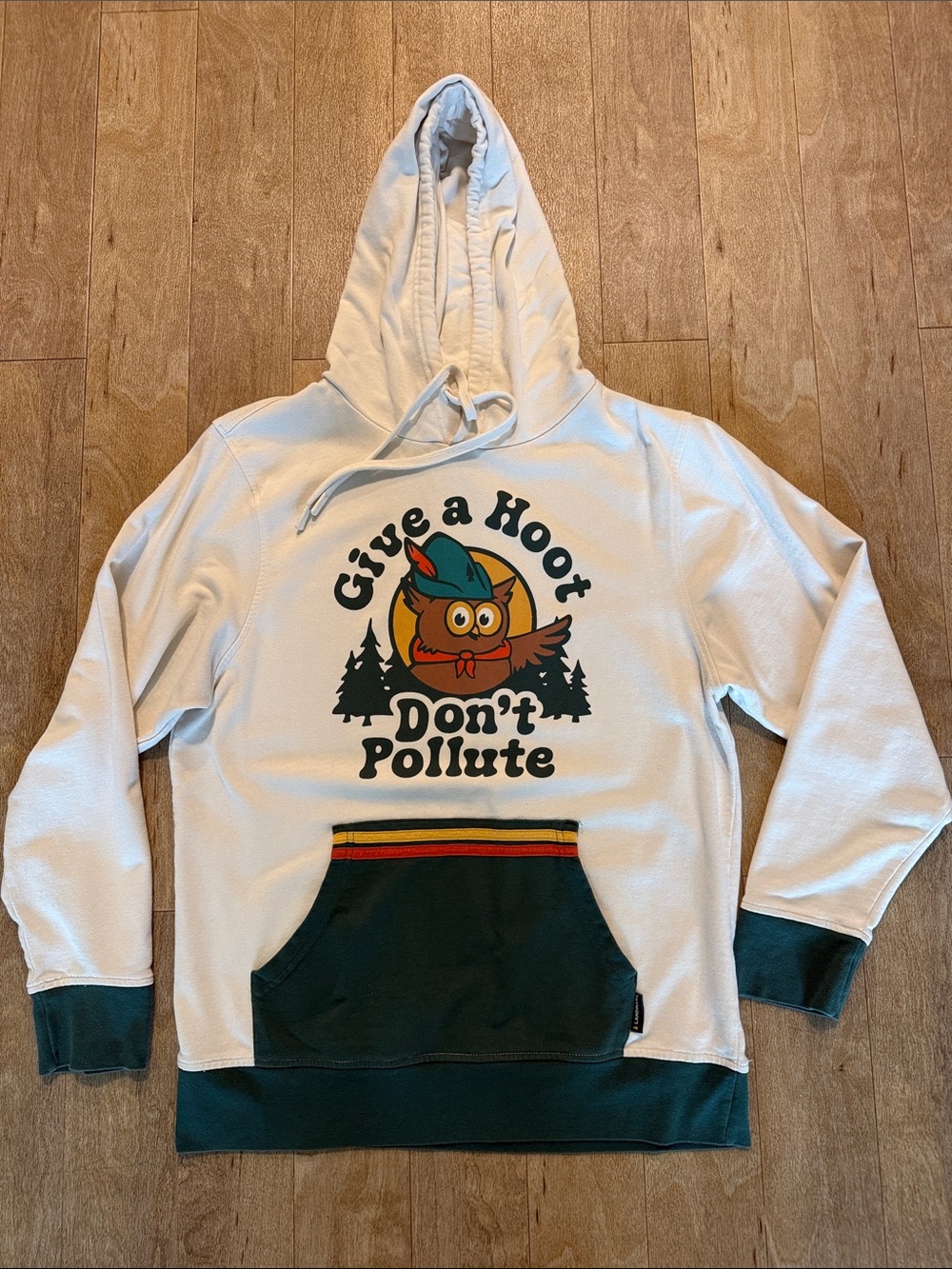 Landmark Give a Hoot Don’t Pollute Owl Graphic Hoodie - Cream & Dark Teal Sz. L